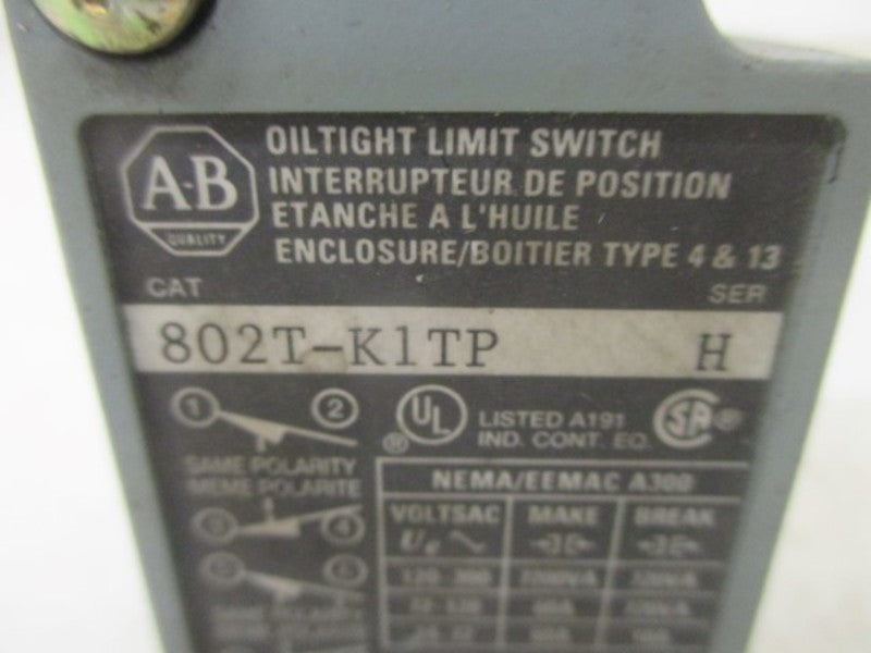 ALLEN BRADLEY 802T-K1TP SER H LIMIT SWITCH (AS PICTURED) * USED *