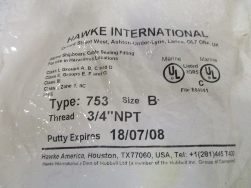HAWKE 753 SIZE B MARINE SHIPBOARD CABLE SEALING FITTING * NEW IN FACTORY BAG *