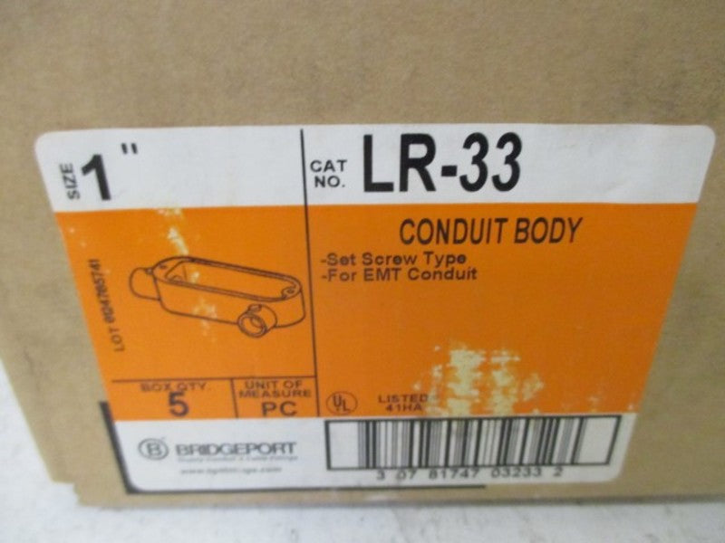 LOT OF 5 BRIDGEPORT LR-33 CONDUIT BODY 1" *NEW IN BOX*