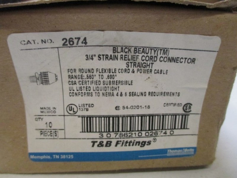 LOT OF 10 THOMAS & BETTS 2674 BLACK BEAUTY 3/4" CORD CONNECTOR *NEW IN BOX*