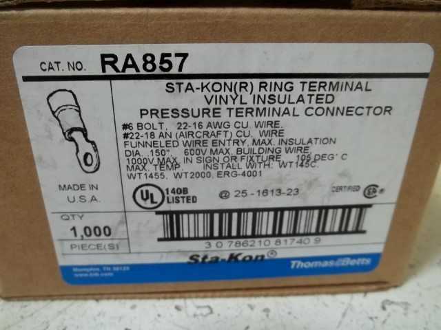 LOT OF 1,000 THOMAS & BETTS RA857 PRESSURE TERMINAL CONNECTOR *NEW IN BOX*