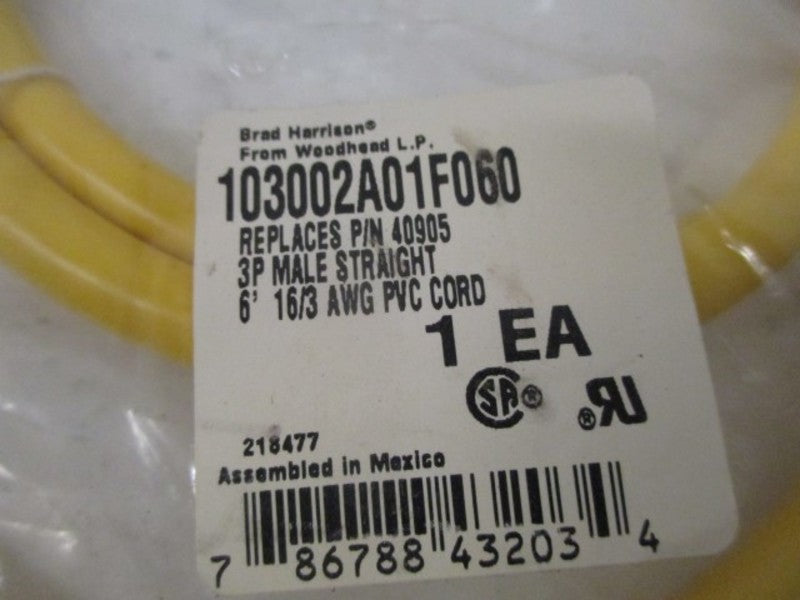 BRAD HARRISON 103002A01F060 MALE STRAIGHT 3 PIN PVC CORD * NEW IN FACTORY BAG *