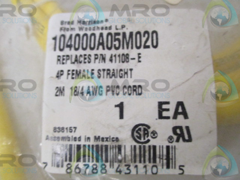 BRAD HARRISON 104000A05M020 FEMALE STRAIGHT CORD * NEW IN FACTORY BAG *