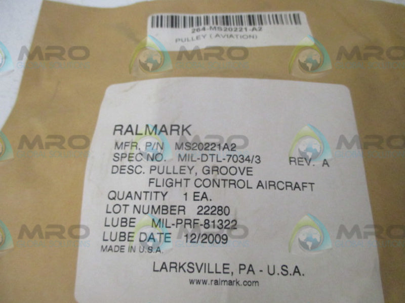 RALMARK MS20221A2 GROOVE PULLEY FLIGHT CONTROL AIRCRAFT * NEW IN FACTORY BAG *