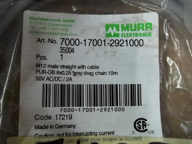 MURR ELEKTRONIK 7000-17001-2921000 M12 MALE STRAIGHT W/CBL* NEW IN FACTORY BAG *