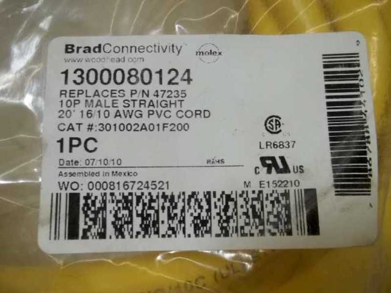 BRAD CONNECTIVITY 301002A01F200 MALE STRAIGHT CORDSET 20' * NEW IN FACTORY BAG *