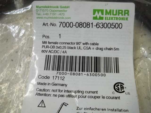 MURR ELEKTRONIK 7000-08081-6300500 CONNECTOR W/CBL * NEW IN FACTORY BAG *