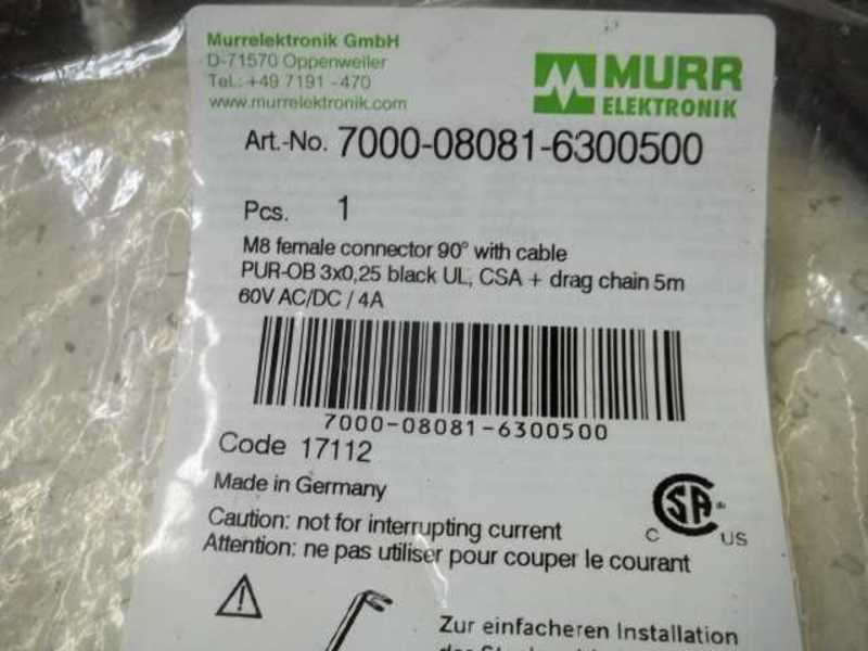 MURR ELEKTRONIK 7000-08081-6300500 CONNECTOR W/CBL * NEW IN FACTORY BAG *