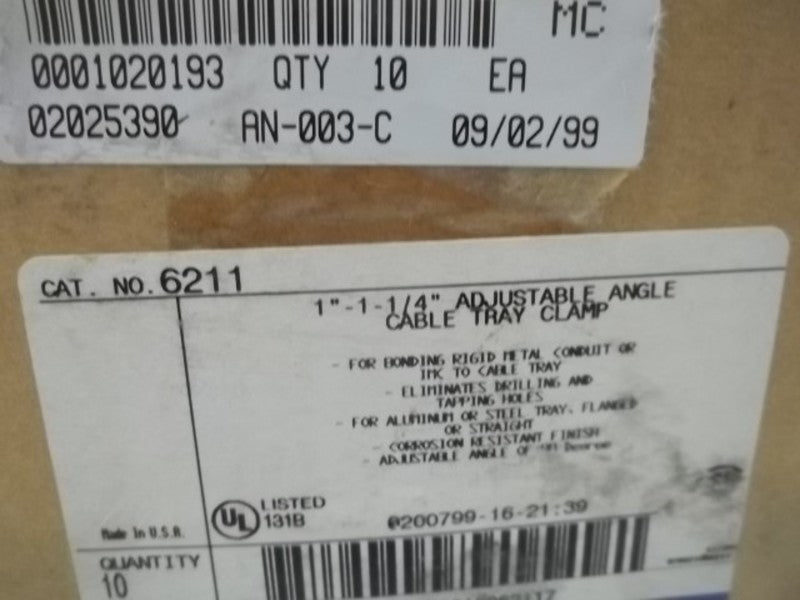 LOT OF 10 THOMAS & BETTS 6211 ADJUSTABLE CABLE TRAY CLAMP *NEW IN BOX*