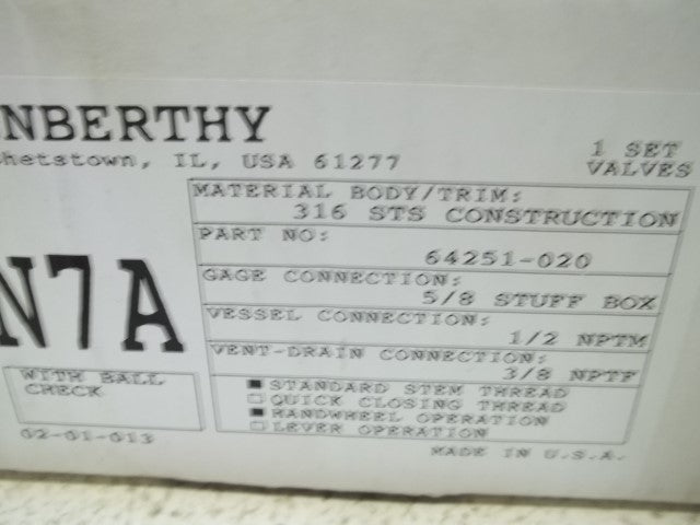 LOT OF 2 PENBERTHY 64251-020 GAGE VALVES *NEW IN BOX*