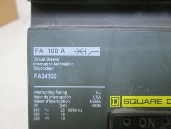 SQUARE D FA34100 CIRCUIT BREAKER 100AMP (GREEN LABEL) * USED *