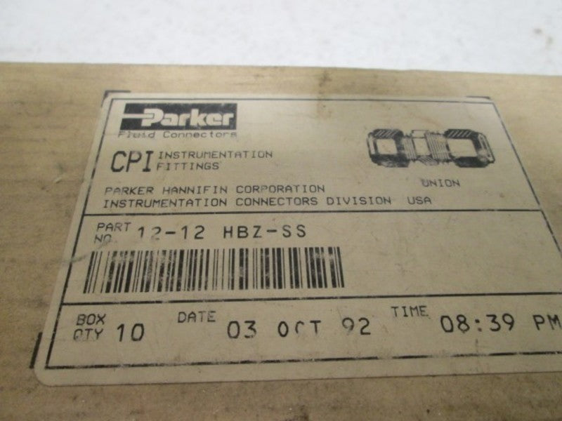 LOT OF 10 PARKER 12-12 HBZ-SS 3/4" UNION *NEW IN BOX*