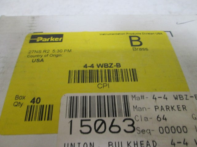 LOT OF 40 PARKER 4-4 WBZ-B BRASS BULKHEAD UNION *NEW IN BOX*