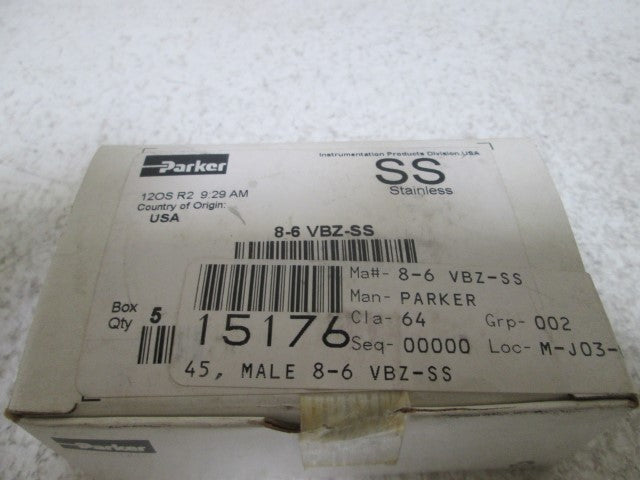 LOT OF 5 PARKER 8-6 VBZ-SS MALE ELBOW *NEW IN BOX*