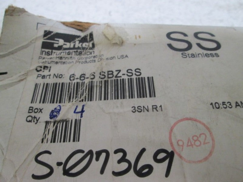LOT OF 4 PARKER 6-6-6 SBZ-SS CPI FITTING *NEW IN BOX*