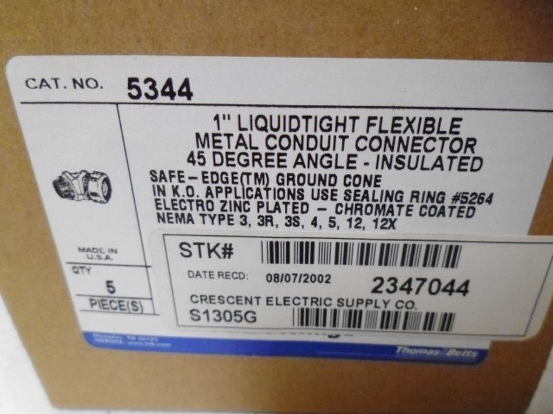 LOT OF 5 THOMAS & BETTS 5344 1" LIQUIDTIGHT FLEXIBLE CONNECTOR *NEW IN BOX*