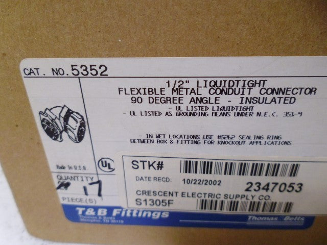 LOT OF 17 THOMAS & BETTS 5352 1/2" LIQUIDTIGHT FLEXIBLE CONNECTOR *NEW IN BOX*