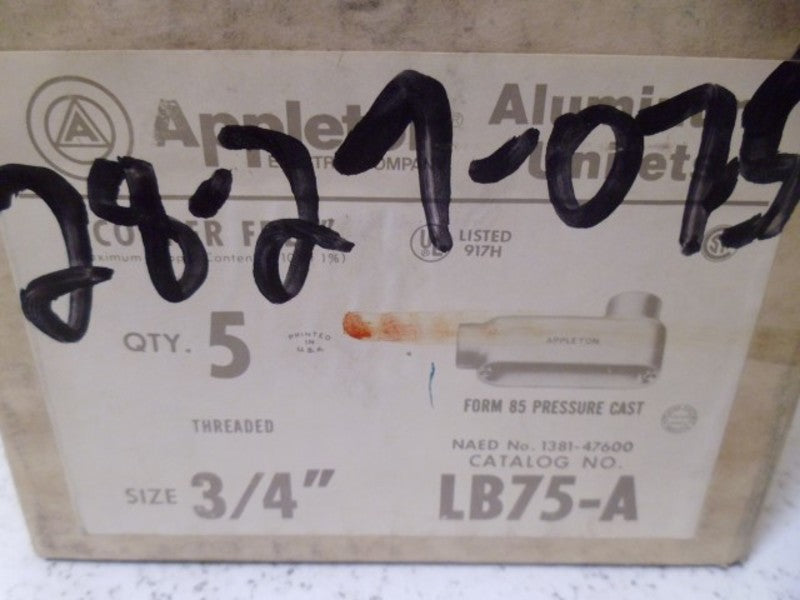LOT OF 5 APPLETON LB75-A ALUMINUM UNILET CONDUIT BODY *NEW IN BOX*