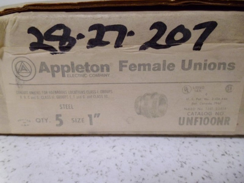 LOT OF 5 APPLETON UNF100NR 1" FEMALE UNION *NEW IN BOX*