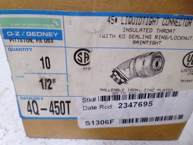 LOT OF 10 O-Z/GEDNEY 4Q-450T 1/2" LIQUIDTIGHT CONNECTOR *NEW IN BOX*