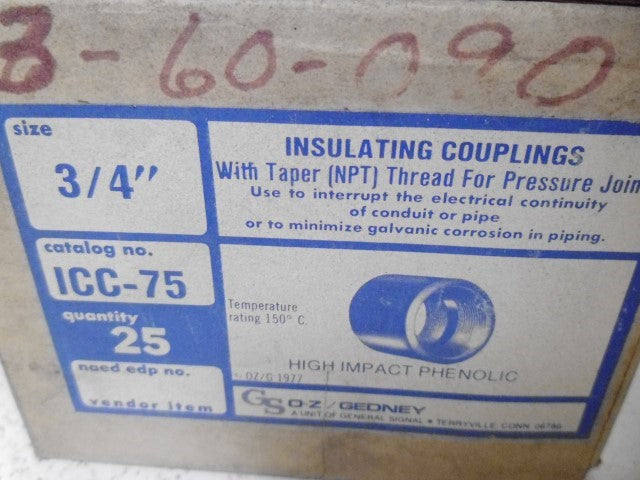 LOT OF 25 O-Z/GEDNEY ICC-75 3/4" INSULATING COUPLINGS *NEW IN BOX*