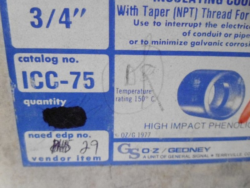 LOT OF 29 O-Z/GEDNEY ICC-75 3/4" INSULATING COUPLINGS *NEW IN BOX*