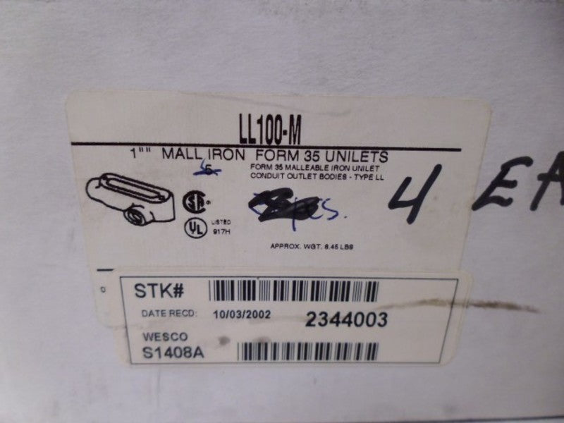 LOT OF 4 APPLETON LL100-M 1" MALL IRON CONDUIT BODY *NEW IN BOX*