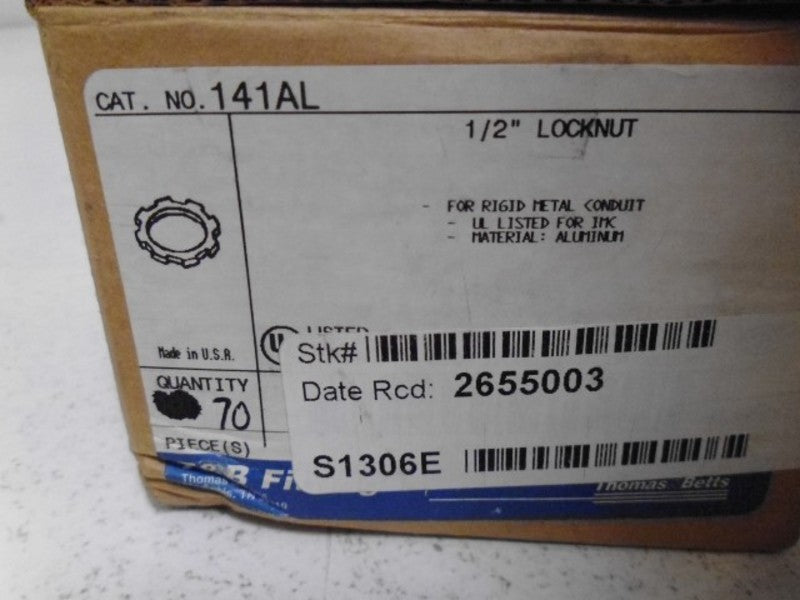 LOT OF 70 THOMAS & BETTS 141AL 1/2" LOCKNUT *NEW IN BOX*