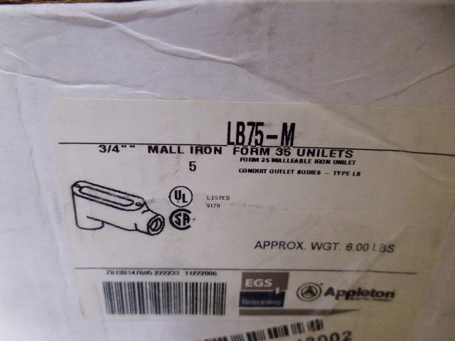 LOT OF 5 APPLETON LB75-M 3/4" MALL IRON *NEW IN BOX*