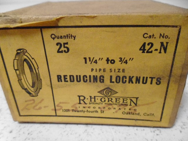 LOT OF 25 RH GREEN 42-N REDUCING LOCKNUT 1-1/4" - 3/4" *NEW IN BOX*