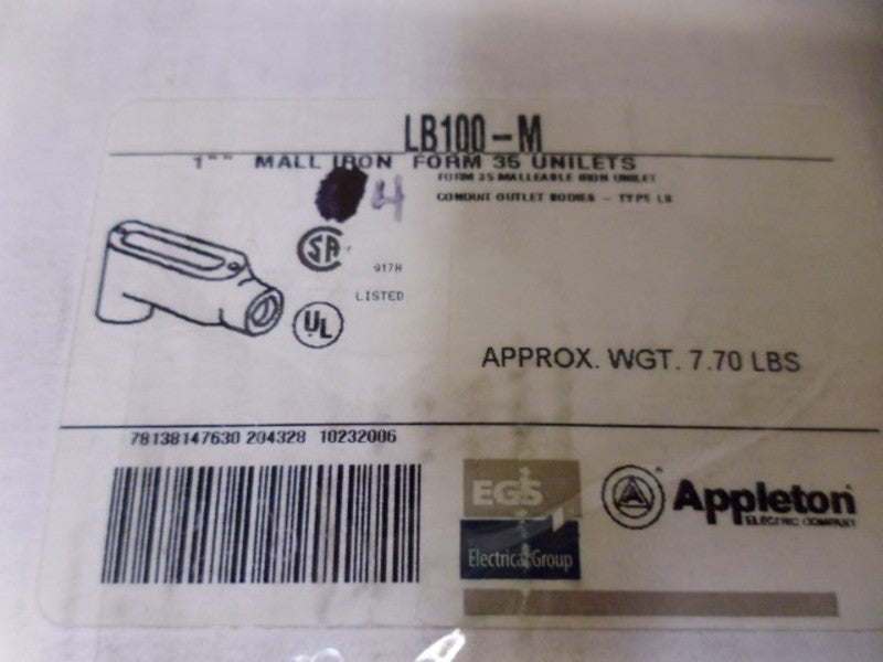LOT OF 4 APPLETON LB100-M 1" MALL IRON CONDUIT OUTLET *NEW IN BOX*