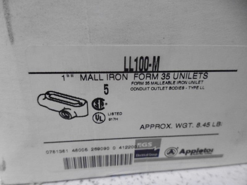 LOT OF 5 APPLETON LL100-M 1" MALL IRON CONDUIT OUTLET BODY *NEW IN BOX*