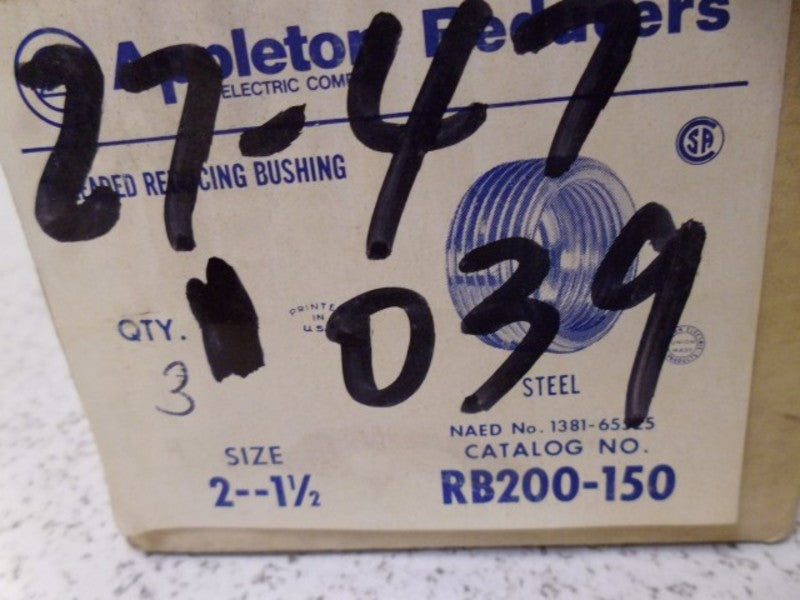LOT OF 3 APPLETON RB200-150 2"--1-1/2" REDUCING BUSHING *NEW IN BOX*