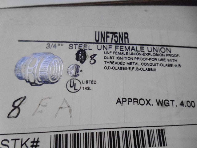 LOT OF 8 APPLETON UNF75NR 3/4" STEEL FEMALE UNION *NEW IN BOX*