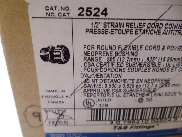 LOT OF 9 THOMAS & BETTS 2524 1/2" STRAIN RELIEF CORD CONNECTOR *NEW IN BOX*