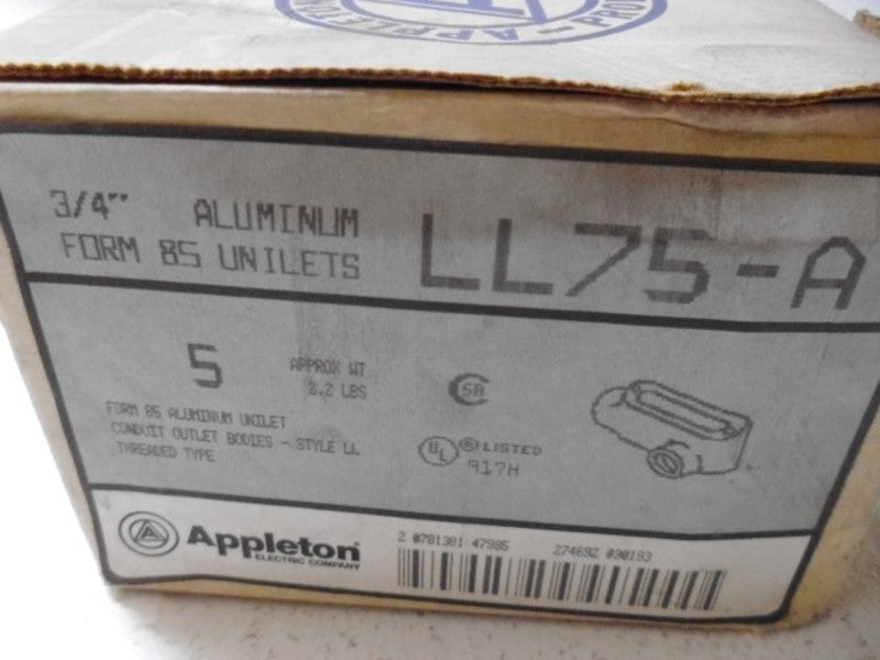 LOT OF 5 APPLETON LL75-A 3/4" ALUMINUM CONDUIT OUTLET BODY *NEW IN BOX*