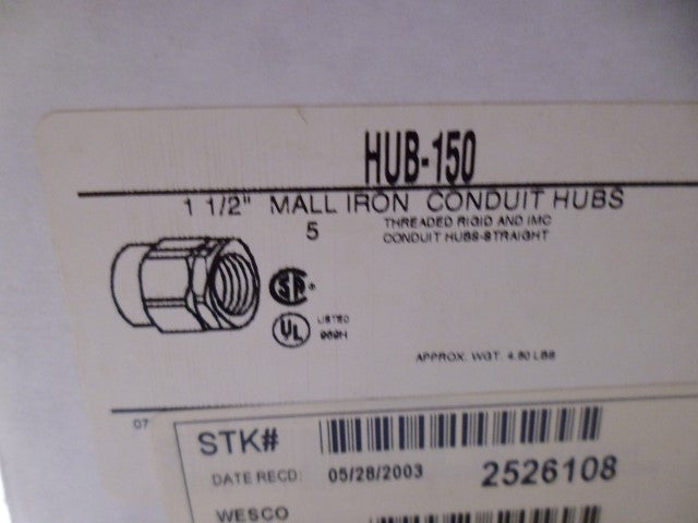 LOT OF 5 APPLETON HUB-150 1-1/2" MALL IRON CONDUIT HUB *NEW IN BOX*