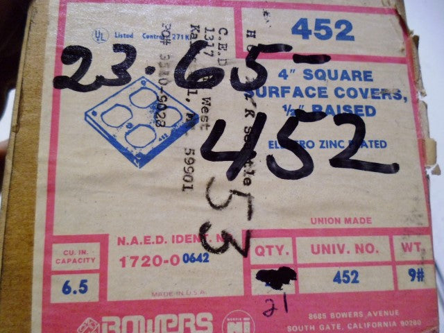 LOT OF 21 BOWERS 452 4" SQUARE SURFACE COVERS *NEW IN BOX*
