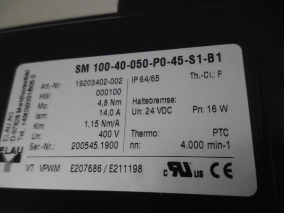 ELAU AG SM 100-40-050-P0-45-S1-B1 SERVO MOTOR * NEW NO BOX *