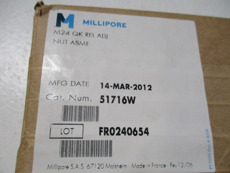 MILLIPORE 51716W M24 QK RELEASE ADJ NUT ASME DATE: 3/14/2012 * FACTORY SEALED *