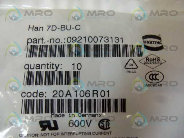 LOT OF 10 HARTING HAN 7D-BU-C 09210073131 *NEW IN FACTORY BAG*