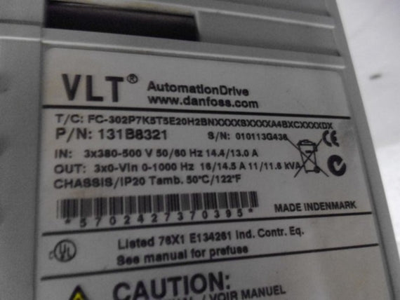 DANFOSS 131B8321 VLT INVERTER FC-302P7K5T5E20H2BNXXXXSXXXXA4BXCXXXXDX * USED *