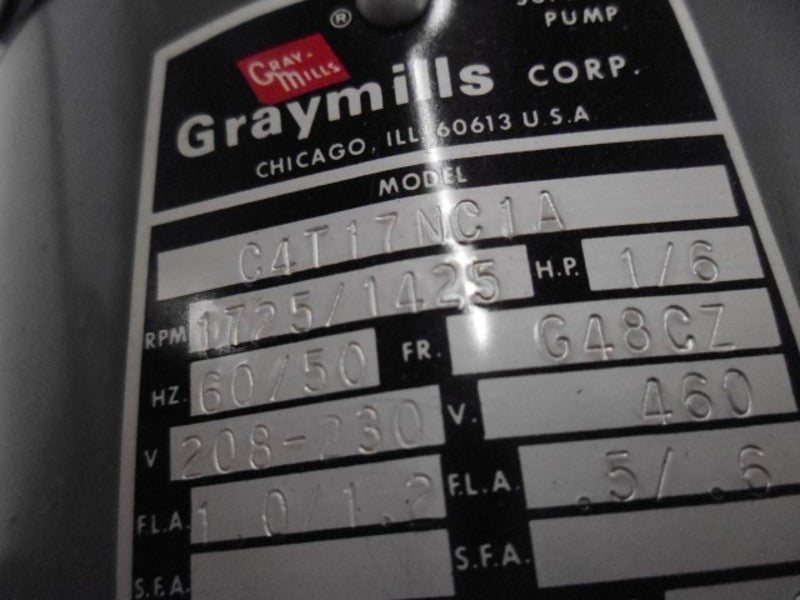 GRAYMILLS C4T17NC1A MOTOR 1/6 HP 1725/1425 RPM  NSNP