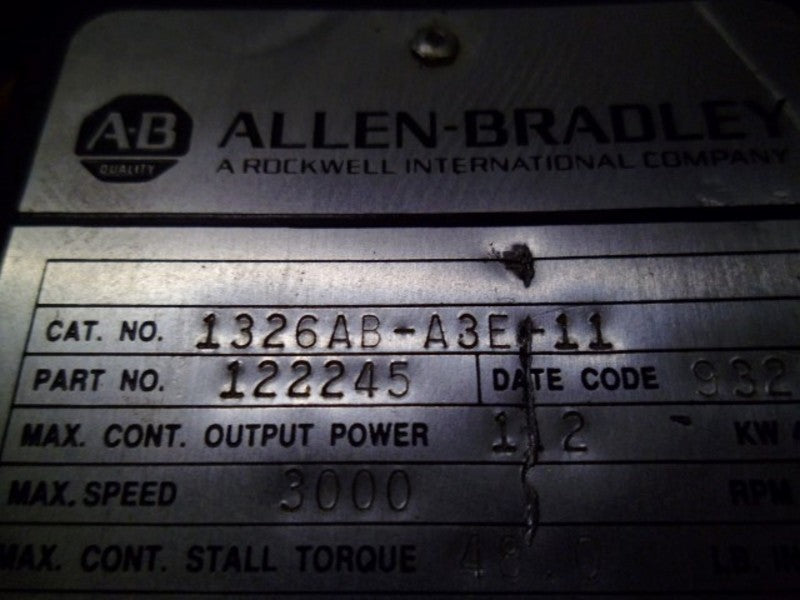 ALLEN BRADLEY 1326AB-A3E-11 AC SERVO MOTOR 1.2 KW 3000 RPM UNMP