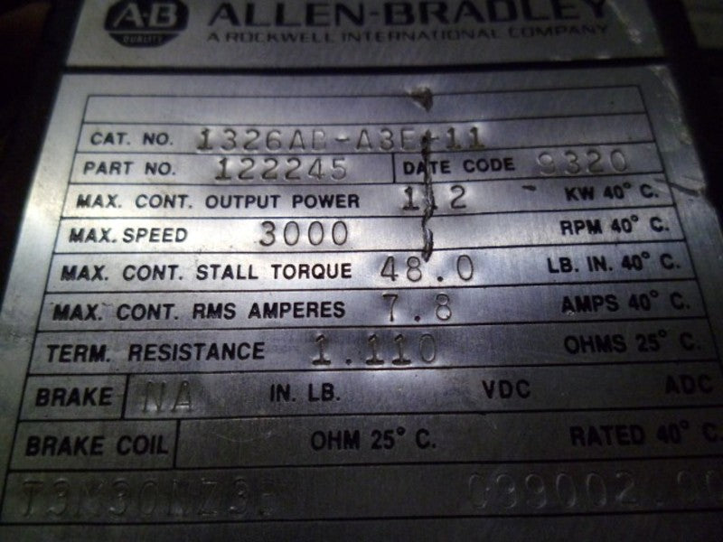 ALLEN BRADLEY 1326AB-A3E-11 AC SERVO MOTOR 1.2 KW 3000 RPM UNMP