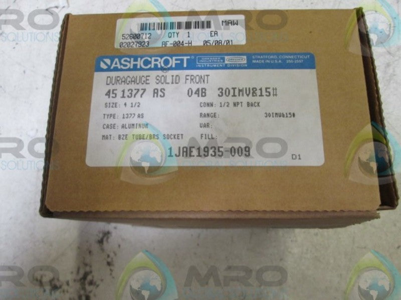 ASHCROFT 451377AS04B-30IMV&15# DURAGAUGE 30-0 IMV 0-15 PSI  NSMP