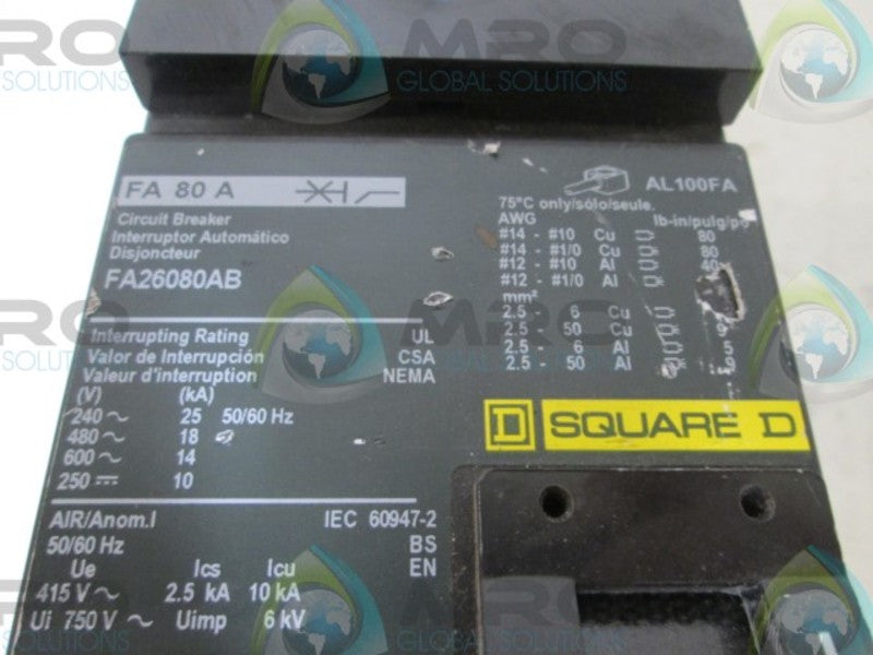 SQUARE D FA80A CIRCUIT BREAKER  UNMP