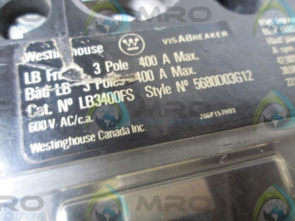WESTINGHOUSE LB3400 CIRCUIT BREAKER 400A w/ 2605DI5G05 SHUNT TRIP  UNMP