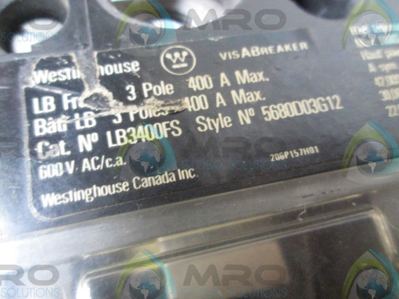 WESTINGHOUSE LB3400 CIRCUIT BREAKER 400A w/ 2605DI5G05 SHUNT TRIP  UNMP