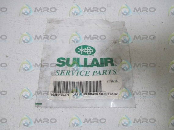 LOT OF 2 SULLAIR 02250125-774 PLUG BRASS 1/8 NPT X1/32 *NEW IN A FACTORY BAG*